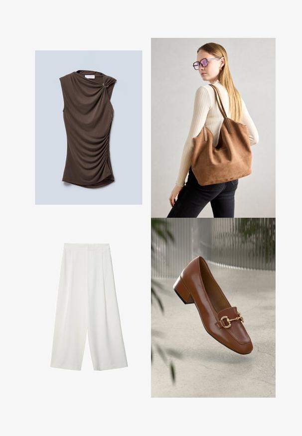 Bruine mouwloze top met gedrapeerd stof, voorzien van een gedraaide schouderdetail en verzamelde zijkanten, gemaakt van een zachte, gladde stof.; Witte, wijde, cropped broeken met een gladde textuur, met een platte voorkant en zonder zichtbare sluitingen of zakken.; Bruine lakleren loafer met vierkante neus, metallic kettingaccent en lage blokhak; gladde textuur, minimalistisch ontwerp.; Bruine suède totebag met zachte textuur, grote opening en lange hengsels. Het heeft een eenvoudig ontwerp met zichtbare stiksels en geen hardware.