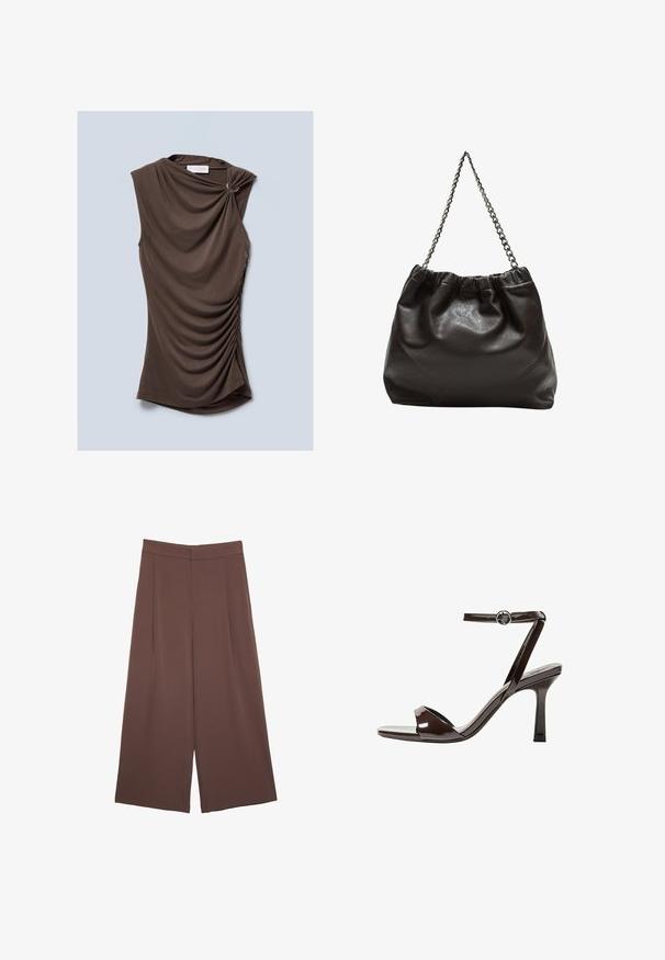 Braunes ärmellos Oberteil mit drapiertem Stoff, einem verdrehten Schulterdetail und gerafften Seiten, aus einem weichen, glatten Material gefertigt.; Braune Weite-Leg-Hosen mit einer glatten Textur, hoher Taille und Vorderfalten. Der Stoff ist leicht und fällt locker.; Braune Lackleder-High-Heelsandale mit einem Knöchelriemen, offener Zehenpartie und einem schlanken, minimalistischen Design. Verfügt über einen quadratischen Absatz.; Braune Lederhandtasche mit gerafftem Oberteil und Kettenriemen. Glatte Textur mit glänzendem Finish und subtilen Nahtdetails an den Seiten.