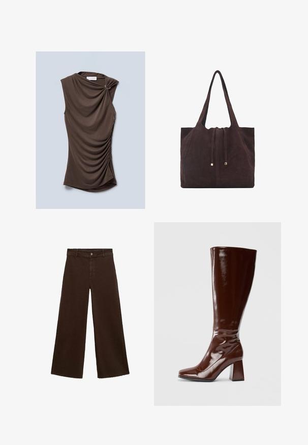 Ruskea hihaton toppi, jossa on roikkuvaa kangasta, käänteinen olkaimen yksityiskohta ja kootut sivut, valmistettu pehmeästä ja sileästä materiaalista.; Ruskeat leveät housut puuvillasekoituksesta, joissa on revitty helma, etunappikiinnitys ja perinteinen viisi-taskuinen muotoilu. Minimalistiset ja monikäyttöiset.; Knee-high ruskeat patenttisaappaat, joissa on neliön muotoinen kärki, kiiltävä pinta ja tukevat paksut korot. Saumaton muotoilu ilman näkyvää metalliosaa.; Mango Shopping bag - dark brown