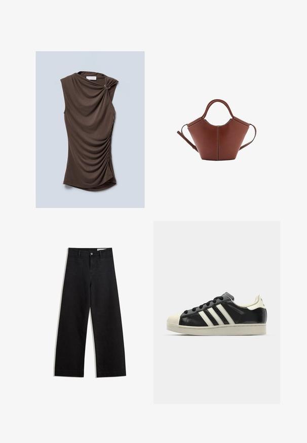 Top senza maniche marrone con tessuto drappeggiato, caratterizzato da un dettaglio della spalla attorcigliato e lati arricciati, realizzato in un materiale morbido e liscio.; Pantaloni in denim neri a gamba larga con vita alta, dotati di tasche anteriori e posteriori, cuciture a punto, e chiusura con bottone. Texture liscia.; Sneaker in pelle nera con strisce bianche, punta in gomma, lacci neri e suola di colore crema. Texture liscia con finitura brillante.; Borsa a mano in pelle marrone con forma conica, manici robusti e cuciture bianche a contrasto. Presenta una tracolla removibile per una maggiore versatilità.