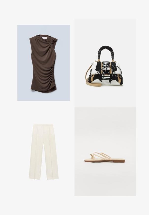 Brown sleeveless top with draped fabric, featuring a twisted shoulder detail and gathered sides, made from a soft, smooth material.; Wide-legged trousers in a light cream color. Made from a smooth fabric with pleats at the front and side pockets.; Beige flat sandals with three thin straps and a small rounded gold accent. Smooth material with a minimalist design and a tan sole.; Multicolored handbag with black, white, and beige mesh. Features a textured handle, lace-up design, and detachable shoulder strap.