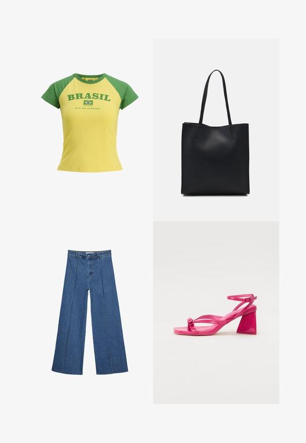 Keltainen lyhythihainen t-paita, jossa on vihreät raglan-hihat. Siinä on painettuna tummanvihreällä "BRASIL" ja "RIO DE JANEIRO" Brasilian lippu -kuvio.; Korkeat vyötäröiset, keskisiniset, leveiden lahkeiden denim-farkut, joissa on nappikiinnitys ja kontrastiväriset pystysaumadetaileja edessä.; Vaaleanpunaiset kiiltäväpintaiset korkokengät, joissa on neliömäinen kärki, kapeat hihnat ja geometrinen lohkokorko. Hihnassa on solkipainike.; Mustapahkainen kangaskassi, jossa on sileä pinta, suorakaiteen muotoinen ja kaksi pitkää kahvaa. Ei näkyvää metalliosaa tai koristeita.