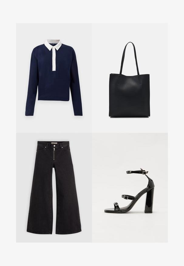 Marinblå tröja med långa ärmar, vit krage och knappslå. Tillverkad av mjukt tyg, designad för en avkopplad passform.; Breda jeans i svart denim med dragkedja fram, femfickorsdesign och subtila sömdetaljer. Slät textur och avslappnad stil.; Svarta lackerade klacksandaler med fyrkantig tå, ankelremmar och silverfärgade spännen. Har en kraftig blockklack för stabilitet.; Svart lädertoffelväska med slät textur, rektangulär form och två långa handtag. Ingen synlig hårdvara eller dekorationer.