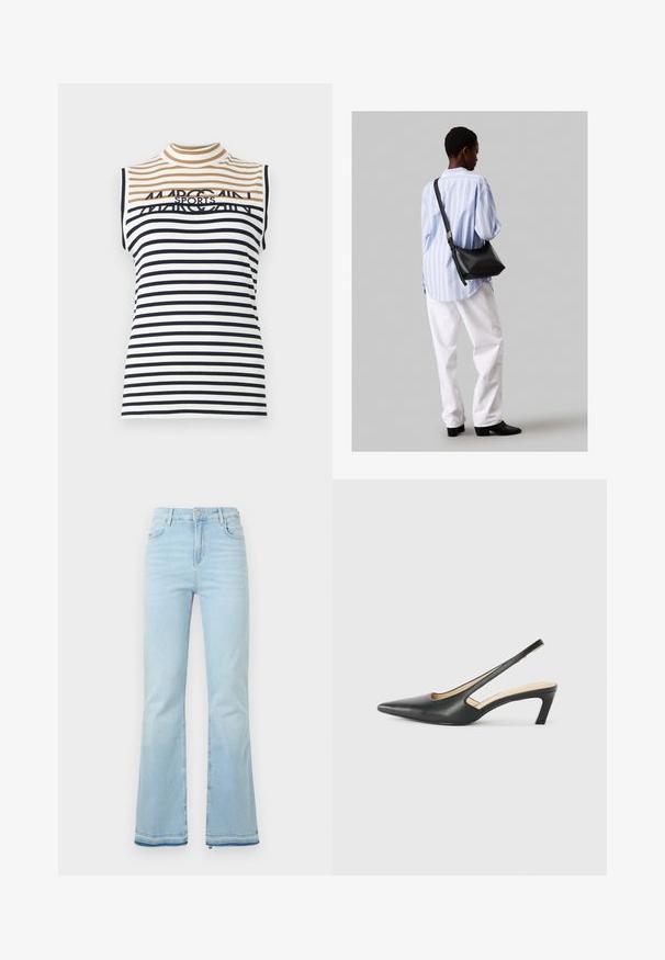 Sleeveless striped top featuring horizontal stripes in navy, white, and tan. Mock neck design with printed logo on the front.; Light blue flared jeans made of denim, featuring a high waist, front pockets, and a raw hem at the cuffs for a casual look.; Black pointy-toed slingback shoe with a low heel, featuring smooth leather material and cut-out design on the side for breathability.; Black leather shoulder bag with a soft texture, triangular shape, and adjustable strap, paired with a light blue striped shirt and white pants.