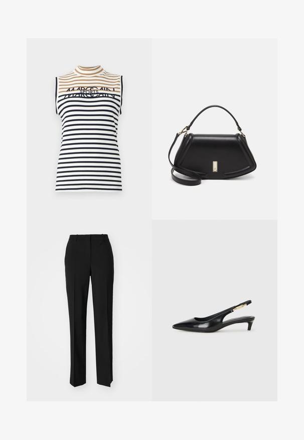 Sleeveless striped top featuring horizontal stripes in navy, white, and tan. Mock neck design with printed logo on the front.; Black tailored trousers with a straight-leg design, featuring a smooth texture and crisp creases along the front. No visible hardware.; Black leather slingback heels with a pointed toe, featuring a slim heel and a gold-tone accent on the adjustable strap. Smooth texture.; Black leather handbag with a structured design, featuring a cropped shape, top handle, and gold hardware accent. Adjustable shoulder strap included.
