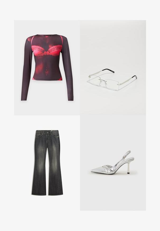 Long-sleeve top featuring a black base with a red lace bra graphic, round neckline, and a stretchy, smooth texture.; Flared dark wash denim jeans with a slight fade, five pockets, and contrast stitching, featuring a standard button and zipper closure.; Silver slingback high heel shoe with a pointed toe, metallic finish, two decorative straps, and a slender heel with a black tip.; Rectangular, clear-lensed glasses with a thin silver metal frame and black acetate tips. Features minimal hardware for a sleek design.