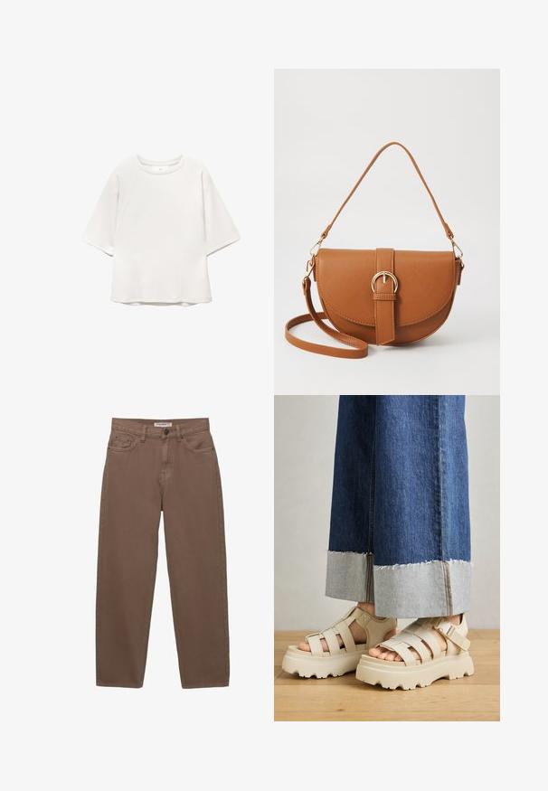 Witte korte mouw crew neck shirt met raglanmouwen en subtiele naadtoeslagen op de voorkant en schouders, plat gelegd op een witte achtergrond.; Bruine katoenen denim broek met een losse pasvorm, vijf zakken en een ritssluiting. Heeft een subtiele textuur en klassieke stikseldetails.; Beige platform sandalen met dikke zolen hebben een gestructureerd ontwerp en verstelbare enkelriemen. Gecombineerd met brede denim broeken, waarvan één zoom is geverfd.; Bruine leren schoudertas met een gebogen vorm, gouden hardware en een gespaccent. Bevat een afneembare schouderriem.