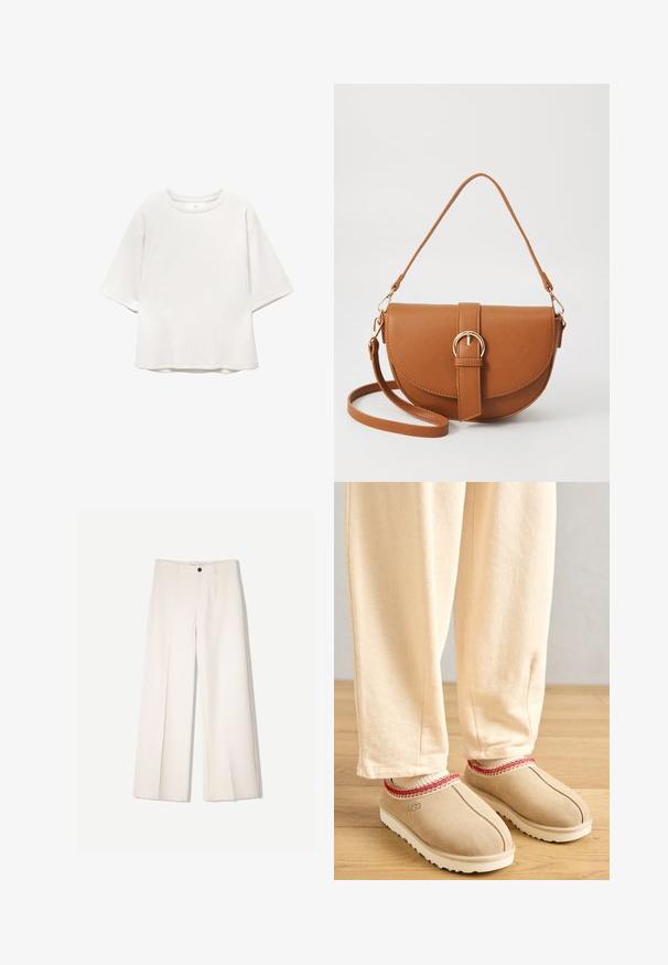 Maglietta bianca a maniche corte con colletto girocollo e maniche raglan, con dettagli di cucitura sottili sul davanti e sulle spalle, distesa su uno sfondo bianco.; Pantaloni larghi color crema con design sartoriale, dotati di due tasche frontali e una chiusura con bottone anteriore, realizzati in tessuto liscio.; Zoccoli in suede color nocciola con un bordo decorativo rosso e suola in gomma bianca, abbinati a pantaloni beige chiaro, posati su un pavimento di legno.; Borsa a tracolla in pelle marrone con forma curvata, hardware dorato e un dettaglio con fibbia. Presenta una tracolla rimovibile.