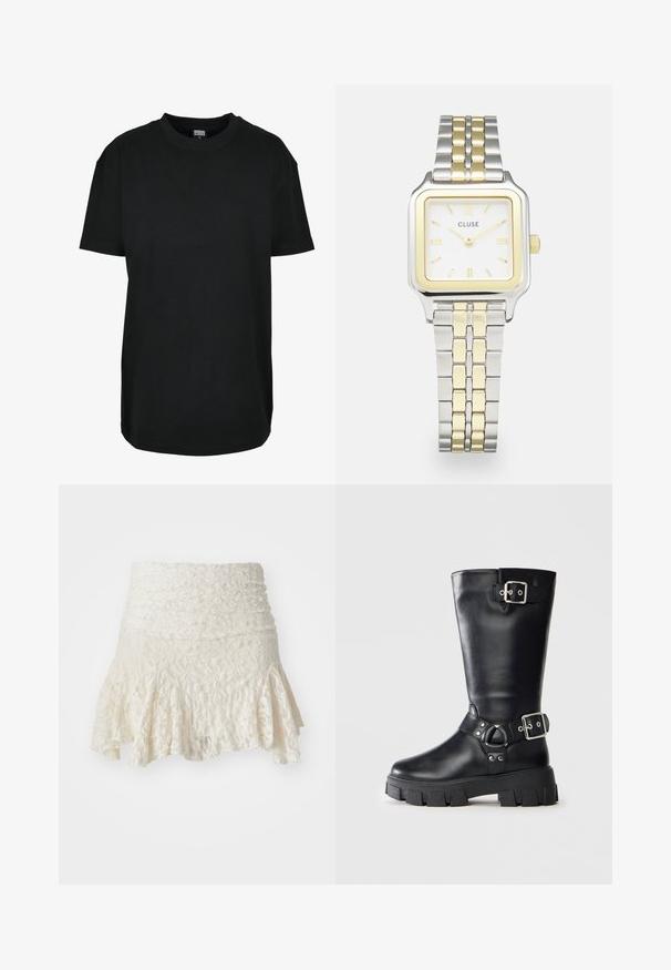 Juodas medvilnės marškinėlis su apvaliu kaklu, trumpomis rankovėmis, laisvu kirpimu ir vientisu dizainu. Be matomų raštų ar akcentų.; Kreminės spalvos nėrinių sijonas, turintis prigludusią juosmenį ir išplatėjusią apatinę dalį. Visame sijone yra tekstūruotas gėlių raštas, o apačioje – sluoksniuota struktūra.; Juodos odinės puskojinės batai su storu raundiniu padu, dviem sidabriniais sagteliais - viena viršuje ir viena aplink kulkšnį.; Kvadratinis Cluse laikrodis su baltu ciferblatu, auksiniais ir sidabriniais akcentais bei dviejų metalų grandinėle, kuri sudaryta iš pakaitomis einančių auksinių ir sidabrinių ažūrų.