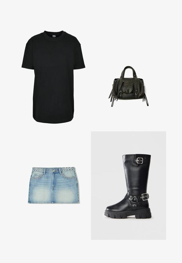 Mustan puuvillan t-paita, jossa on pyöreä kaula-aukko, lyhythihaiset hihat, rento malli ja yksinkertainen muotoilu. Ei näkyviä kuvioita tai yksityiskohtia.; Vaaleansininen farkku-minihelma, jossa on niittikoristeltu vyötärö, kaksi etutaskua ja suora leikkaus haalistuneella pinnalla.; Mustat nahkaiset saappaat, jotka ulottuvat keskivartalon alueelle, paksulla urasohjalla, kaksilla hopeisilla soljella - yksi ylhäällä ja toinen nilkan ympärillä.; Musta nahkainen käsilaukku letitetuilla kahvoilla, vetoketjullinen tasku ja roikkuvat tupsut. Muotoiltu pinta metallisten niittien ja varusteiden korostuksilla.; Neliömäinen Cluse-kello, jossa on valkoinen taulu, kultaiset ja hopeiset yksityiskohdat sekä bi-metalliranneke, jossa on vuorotellen kultaisia ja hopeisia linkkejä.