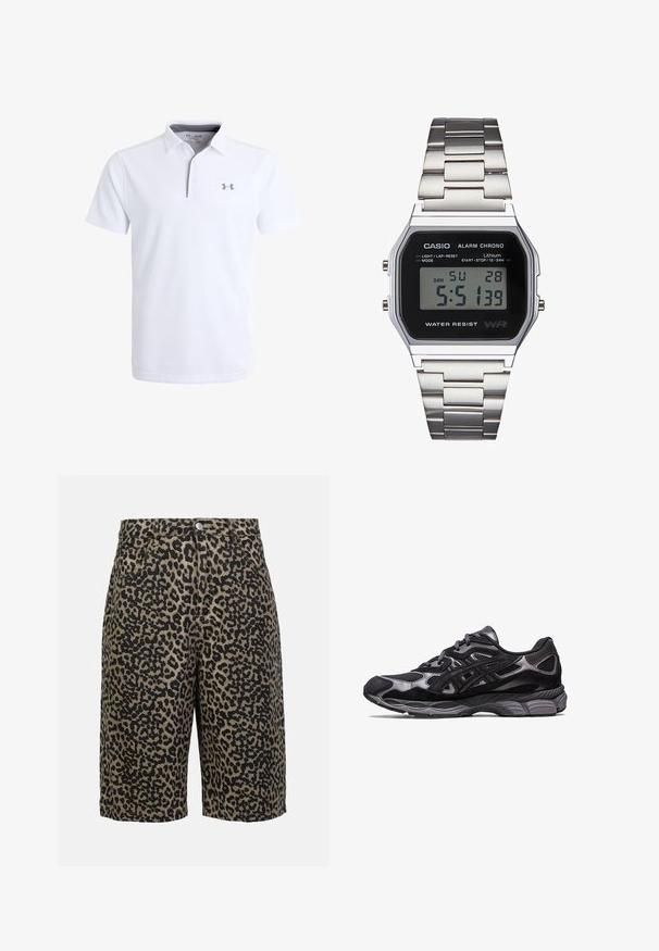 Valge polo särk tekstuuriga kangast, lühikeste varrukatega ja lukuga kraega. Vasakul rinnal on hall logo.; Leopardimusteriga denim-lühikesed püksid maalikates toonides, varustatud nööpe closure, viie tasku ja relaxed fit'iga.; Mustad mustus spordijalats, millel on võrk- ja nubukülem, kus on tekstuuriga disain ning tugev ning pehme hall tallad.; Digitaalne Casio kell musta näo, hõbedase roostevabast terasest rihmaga, ristküliku kujuline korpus ning nupud valguse, ringi nullimise ja režiimi kohandamiseks.