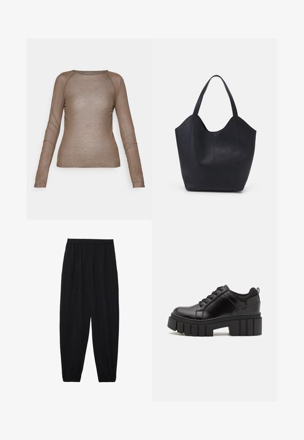 Top cu mânecă lungă, ajustat, de culoare bej deschis, realizat dintr-un material transparent. Prezintă un decolteu rotund și detalii discrete de cusătură pe mâneci.; Pantaloni negri, ușori, cu un brâu elastic și tivuri strânse. Materialul este neted și are un design relaxat, conic.; Pantofi cu talpă plată din piele neagră, cu toc gros, vârf rotund și design tradițional cu șireturi. Prezintă o textură netedă și detalii minime.; Geantă de umăr neagră, realizată din piele netedă, cu un design minimalist, având un vârf deschis curbat și două mânere pentru umăr.