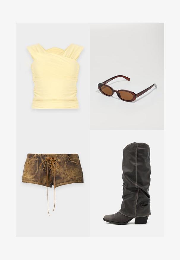 Žltý bezramenný top s kríženými popruhmi, riasením a priliehavým strihom. Vyrobený z hladkej, elastickej látky.; Hnedé kraťasy na šnurovanie s textúrovaným povrchom a kontrastnými béžovými šnúrkami. Obsahujú očká a priliehajúci strih pre tesný vzhľad.; Sivé kožené čižmy po lýtka s voľným dizajnom, špicatou špičkou a poskladaným podpätkom. Výrazné šitie v oblasti špičky.; Okrúhle slnečné okuliare s hnedým nádychom a lesklým burgundským rámom. Úzke ramená s jemným brandovaním. Plochej šošovky dizajn.; Kabelka s hadím vzorom a zakriveným rukoväťou. Vyrobená z textúrovaných béžových a hnedých materiálov, s charakteristickým diamantovým vzorom.