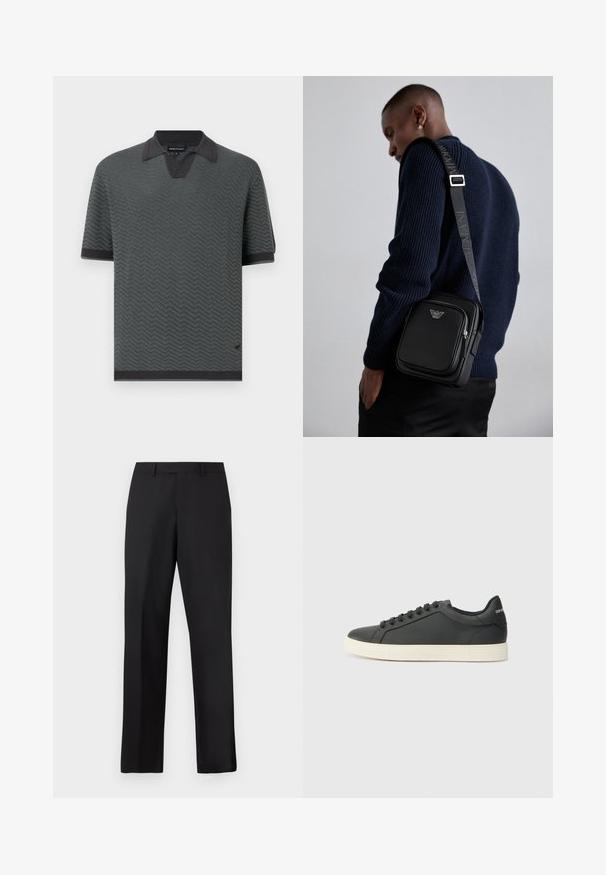 Emporio Armani Polo marškinėliai - bristol black chevronne; Juodos, tiesios kojų kelnės iš lygaus audinio. Turi standartinę juosmens juostą ir neturi matomų raštų ar akcentų.; Juodos odinės sportinės bateliai su žemu profiliu, apvaliu pirštu ir raištelių uždarymu; turi tekstūruotą guminį padą ir logotipo detalę ant kulno.; Juodas odinis kryžiumi nešiojamas krepšys su užtraukiamu skyriumi, logotipo detale ir prekinio ženklo reguliuojama juosta. Dėvimas ant tekstūrinio tamsiai mėlyno megztinio.