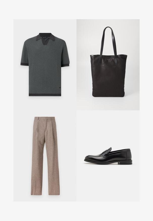 Emporio Armani Polotričko - bristol black chevronne; Hnědé kalhoty s vysokým pasem vyrobené z texturované látky. Mají široké nohavice a dva přední sklady pro strukturu. Úhledné provedení bez viditelné kovových částí.; Černé kožené polobotky s hladkou texturou, zaoblenou špičkou a zdobným páskem přes nárt. Nízký stohovaný podpatek, minimalistický design.; Černá plátěná taška s černými koženými uchy. Jednoduchý design, prostorné tělo a hladký povrch. Žádné viditelné loga ani vzory.