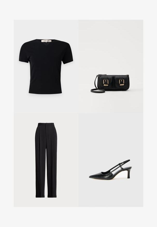 Schwarzes T-Shirt mit kurzen Ärmeln und V-Ausschnitt, aus einem glatten, elastischen Stoff hergestellt. Besitzt eine einfache, klassische Silhouette ohne Verzierungen.; Schwarze, taillierte Hose mit hoher Taille, mit Falten vorne, geradem Bein-Design und umgeschlagenem Saum. Aus glattem Stoff gefertigt.; Schwarze Lack-Slingback-Pumps mit spitzem Zehenbereich, versehen mit strukturiertem Schlangenprint, verstellbarem Riemen und einem kurzen, strukturierten Blockabsatz.; Schwarze Leder-Umhängetasche mit zwei vorderen Taschen, goldenen Schnallen, Reißverschluss und einem schmalen Tragegurt. Texturierte Oberfläche und kompakte rechteckige Form.