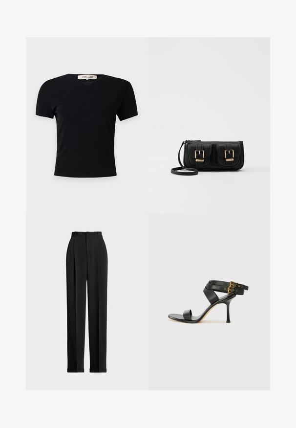 Black short-sleeve t-shirt with a V-neck design, made of a smooth, stretchy fabric. Features a simple, classic silhouette without embellishments.; Black tailored trousers with a high waist, featuring pleats at the front, a straight leg design, and a cuffed hem. Made from smooth fabric.; Black heeled sandal with crossed straps and adjustable buckle. Features a smooth texture and tapered stiletto heel.; Black leather crossbody bag with two front pockets, gold buckles, zipper closure, and a slim strap. Textured surface and compact rectangular shape.