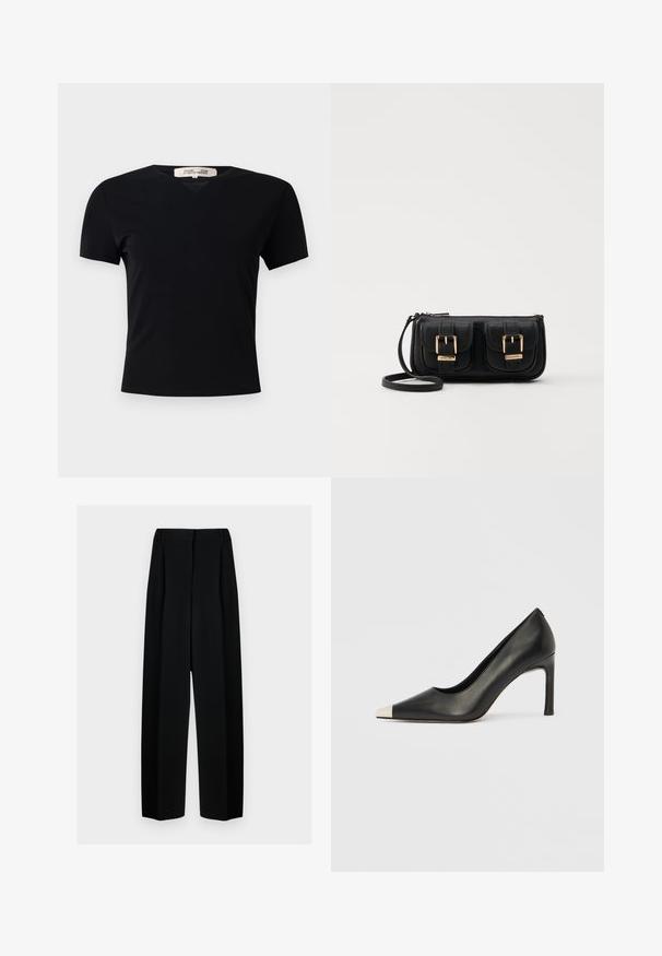 Sort kortærmet t-shirt med V-halsdesign, lavet af et glat, strækbart stof. Har en enkel, klassisk silhuet uden udsmykninger.; Sorte vide benbukser med høj talje, der har læg og en glat tekstur. Stoffet virker let og falder elegant.; Sort læder højhælet sko med spids tå og metal-sølv hætte. Har en glat finish og en slank hæl på 10 cm.; Sort læder crossbody taske med to frontlommer, guldspænder, lynlåslukning og en slank rem. Struktureret overflade og kompakt rektangulær form.
