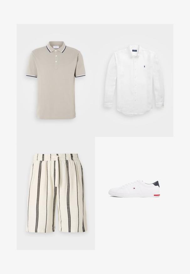 Beidzis polo krekls no kokvilnas maisījuma, ar divu pogu atvērumu, kontrastējošu tumši zilu un baltu apkaklīti un piedurkņu apdari, ar diskrētu logo izšuvumu.; Balta garām piedurknēm krekls no kokvilnas ar pogāmu apvalku, ar mazu tumšzilgu logo kreisajā krūtī un klasisku pogu aizdari.; Linsēšanas šorti ar krēmkrāsas pamatni un vertikālām melnām svītrām, elastīgu jostu un auklu. Brīvā piegriezumā, līdz ceļiem.; Baltas zemu topu sporta apavus, kas izgatavoti no gludas ādas. Satura tumši zilu papēža daļu un sarkanu akcentu uz zoles. Seši caurumi šņorēm.