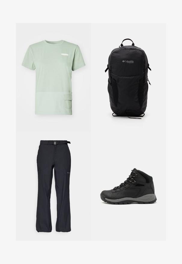 Tricou verde deschis din bumbac moale, cu guler rotund. Dispune de o buzunar aplicat în partea stângă jos și un mic logo pe piept.; Pantaloni de exterior negri, dintr-un material ușor, cu o talie ajustabilă și curea, și două buzunare frontale. Proiectați pentru confort și utilitate.; Botă de drumeție neagră cu un design mediu, având un material texturat, accente gri și o talpă din cauciuc durabilă cu crampoane pentru aderență.; Rucsac Columbia Titanium negru, cu o textură de material neted, buzunare laterale, mânere superioare și curele ajustabile. Design minimalist cu o branding subtil.