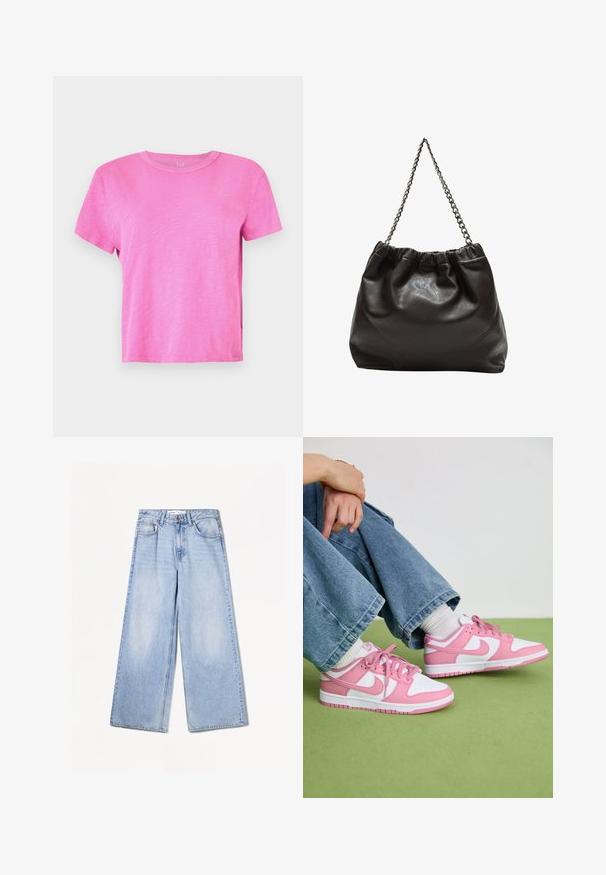Kurzärmeliges T-Shirt mit Rundhalsausschnitt in leuchtendem Pink. Hergestellt aus weichem, strukturiertem Stoff mit einem lockeren Schnitt und einem leicht melierten Aussehen.; Bershka WIDE-LEG - Wide Leg - light-blue denim; Rosa und weiße Nike-Sneaker aus Leder und Mesh-Materialien, mit kontrastierenden Designs, runder Zehenpartie und passenden rosa Schnürsenkeln und Akzenten.; Braune Lederhandtasche mit gerafftem Oberteil und Kettenriemen. Glatte Textur mit glänzendem Finish und subtilen Nahtdetails an den Seiten.