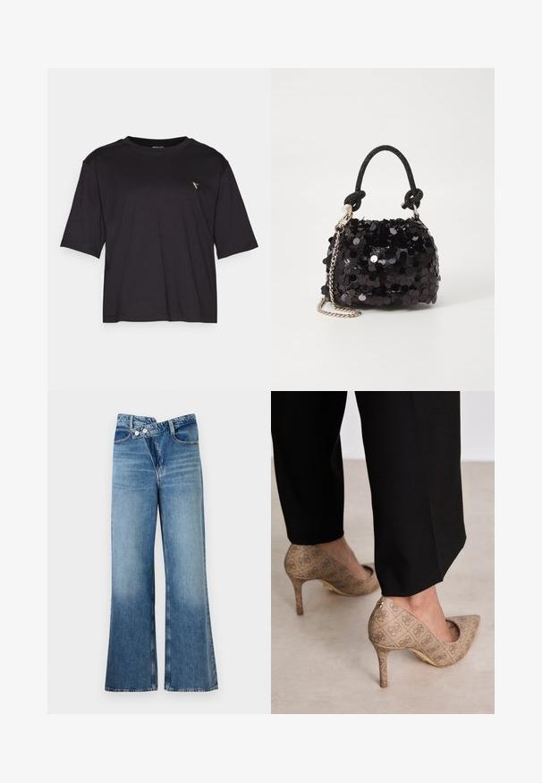 Fekete rövid ujjú pamut póló, kerek nyakkivágással és egy kis háromszög alakú logóval a bal oldalon, a mellkas közelében.; Világoskék, harang szabású farmernadrág magas derékkal, két gombbal és elülső zsebekkel. Az anyag megjelenése kopott, apró eltérésekkel.; Beige magassarkú cipők texturált anyagból, ismétlődő mintával. Hegyes orrú kialakítás, hátsó díszítéssel és arany sarkú részlettel.; Fekete flitteres mini kézitáska csomózott textúrájú pánttal és ezüst lánccal. Lekerekített forma, ráncolt tetejével és fényvisszaverő részletekkel.