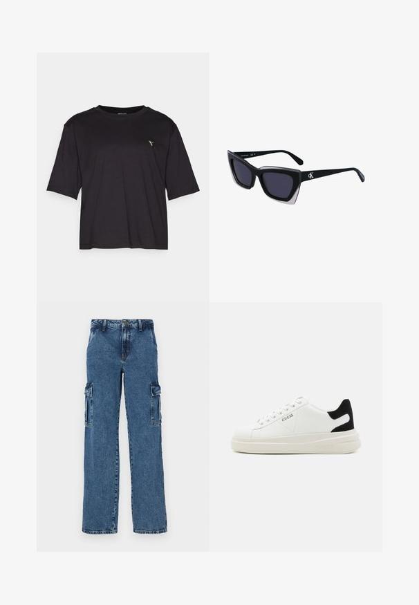 Černé tričko s krátkým rukávem vyrobené z bavlny, s kulatým výstřihem a malým trojúhelníkovým logem na levé straně blízko hrudi.; Modré denimové cargo kalhoty s uvolněným střihem, které mají dvě boční kapsy, zesílené švy a rovný střih nohavic.; Bílé kožené tenisky s tlustou bílou podrážkou, černým semišovým akcentem na patě a vyraženým logem na boku. Šněrovací design se šesti očka.; Černé oversized sluneční brýle geometrického tvaru, s tmavými skly a kontrastním šedým detailem na rámu. Logo na rameni.