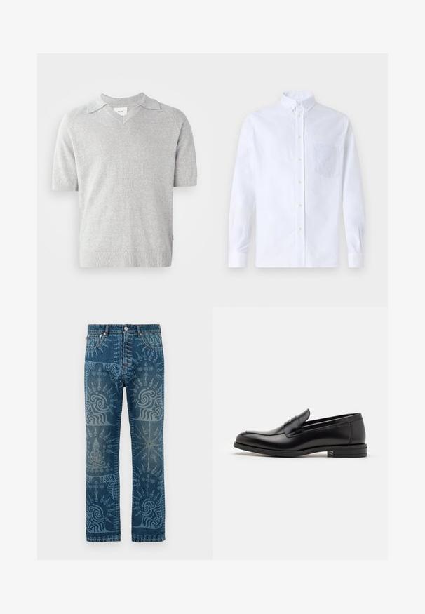 Lühikeste varrukatega hall lõngakootud polo särk V-kaelusega, millel on peene tekstuur ja soonikkoes äärised varrukatel ning allservas. Brändi silt on nähtav seestpoolt.; Valge pikamaa varrukatega nööbiga särk, mis on valmistatud puuvillast ja millel on rinna tasku toon-toonis brodeeringuga, krae ja nööbiga mansetid.; Keskmise sinise pesu denim-püksid, millel on keerukad helesinised mustrid, sirge sääre disain, klassikaline viie taskuga stiil ja nupukinnitus.; Mustad mustad nahast loafers sileda tekstuuriga, ümarat ninaosa ja dekoratiivne riba vampi üle. Madal kihiline konts, minimalistlik disain.