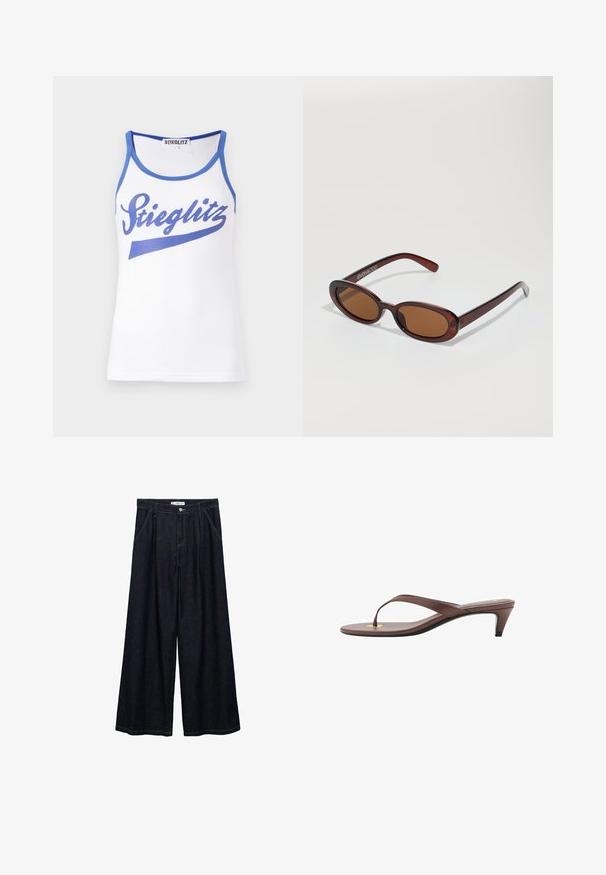 Valkoinen hihaton paita sinisellä reunuksella, jossa on suuri sininen "Stieglitz" -grafiikka edessä. Valmistettu sileästä, kevyestä kankaasta.; Tummat farkku leveälahkeiset housut korkealla vyötäröllä, joissa on etunapit, kaksi sivutaskua ja ompeluyksityiskohtia.; Kahvoit varrelliset flip-flop sandaalit, joissa on hoikka hihna ja pyöristetty varvasosa, sekä pieni kultainen yksityiskohta pohjalla.; Pyöreät, ruskehtavat aurinkolasit, joissa on kiiltävä burgundinpunainen runko. Kapeat sivut, joissa on hienovarainen brändäys. Litteät linssit.