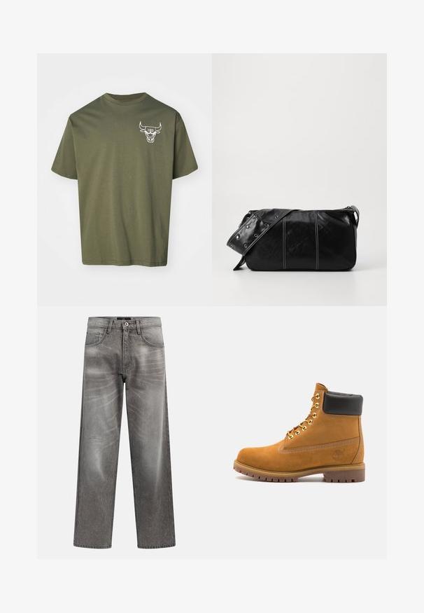 T-shirt de algodão verde oliva com mangas curtas, decote redondo e logotipo de touro branco impresso no lado esquerdo do peitoral. Textura suave, corte casual.; Calças largas em ganga cinzenta com acabamento desbotado, design clássico de cinco bolsos e fecho com botão metálico. Tecido texturizado com detalhes subtis de desgaste.; Botim de tornozelo em camurça bege com colarinho acolchoado preto, ilhós de metal dourado, detalhes de costura branca e sola de borracha robusta com sulcos pronunciados.; Bolsa de ombro em couro preto com fecho em zíper, apresentando um corpo texturizado, costura branca e uma alça com ilhós prateados.