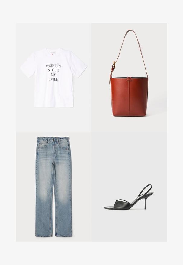 Balta kokvilnas T-kreklu ar īsām piedurknēm un apaļu kakla izgriezumu, ar uzrakstu "MODA MAN NOZAGA SMIEKLU" drukātos treknajos melnajos burtos.; Gai zili džinsi ar taisnu piegriezumu, kas iezīmē augsto vidukli, piecu kabatu dizainu un maigu izbalēšanu uz augšstilbiem un ceļgaliem.; Melnas ādas siksniņu augstpapēžu kurpes ar norādītu purngalu, plānu potītes siksniņu un stiletto papēdi. Arī ar sasietu detaļu uz vamp.; Brūns ādas spainis ar regulējamu plecu siksnu un zelta toņa sprādzi, vienkārša vertikāla šuve priekšpusē.