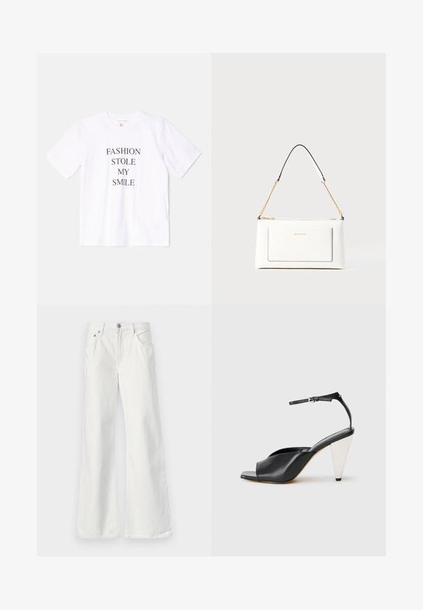 Hvit bomull T-skjorte med korte ermer og rund hals, med teksten "FASHION STOLE MY SMILE" trykt med fete svarte bokstaver.; Hvite denimflare jeans med høy midje, fem-lomme-design og synlig søm. Har metallknapp og glidelås-lukking.; Svart lær høyhælte sandaler med åpen tå, asymmetrisk design, ankelstropp og en metallisk kjegleformet hæl. Glatt tekstur hele veien.; Hvit lærveske med teksturert overflate, utstyrt med gullkjede for å bære over skulderen og svarte detaljer. Inkluderer en frontlomme og glidelås.