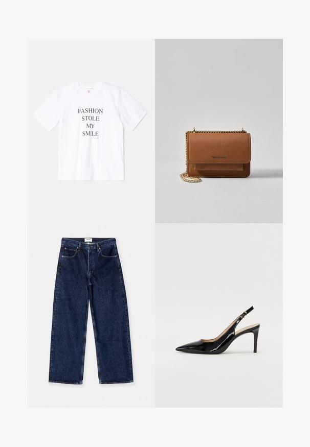T-shirt branco de algodão com mangas curtas e decote redondo, apresentando o texto "A MODA ROUBOU O MEU SORRISO" impresso em letras pretas em negrito.; Jeans de ganga azul escura, de perna larga, com uma cintura alta, bolsos frontais e uma textura suave com ligeiros detalhes de costura.; Sandal com salto em verniz preto, bico fino, salto esguio e um design de recorte subtil. Apresenta uma fivela dourada na alça.; Bolsa crossbody de couro texturizado castanho com alça de corrente dourada e fecho com aba. A parte da frente apresenta detalhe do logótipo e um bolso sob a aba.