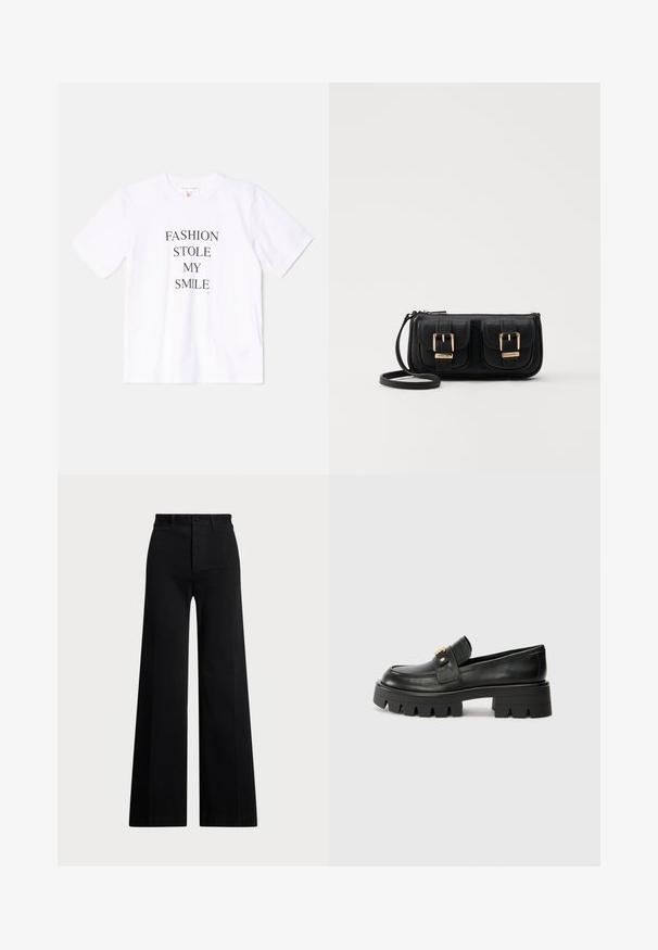 White cotton t-shirt featuring short sleeves and a crew neck, with the text "FASHION STOLE MY SMILE" printed in bold black letters.; Black wide-leg pants made of woven fabric, featuring a high waist, front button closure, and side pockets. Smooth texture with clean lines.; Black leather loafers with a chunky sole, featuring a gold-tone accent on the front and a smooth finish. Chunky tread design on the sole.; Black leather crossbody bag with two front pockets, gold buckles, zipper closure, and a slim strap. Textured surface and compact rectangular shape.