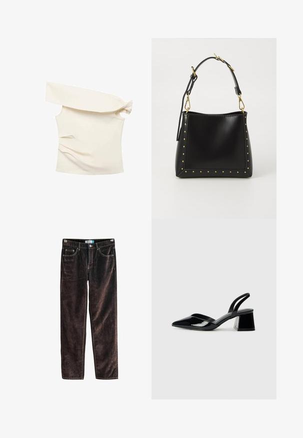 Asymetrický krémový top s jedným dlhým rukávom, uzlovým detailom na ramene, ľahkým materiálom a priliehavým strihom s jemnou textúrou.; Hnedé kordové nohavice s rovnými nohavicami, piatimi vreckami, kontrastným prešitím a gombíkovým zapínaním v páse. Mäkka textura s ryhovaným vzorom.; Čierne lakované kožené sandálové podpätky s špicatou špičkou a geometrickým blokovým podpätkom. Disponujú elegantným, minimalistickým dizajnom a hladkým povrchom.; Čierna kožená kabelka so štruktúrovaným tvarom, zdobená zlatými nitmi po obvode a odnímateľným popruhom so zlatými kovovými akcentmi.