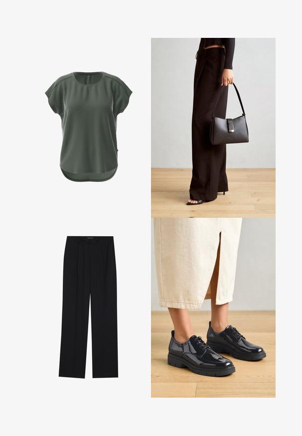 Grünes kurzärmliges Oberteil aus einem strukturierten Material. Hat einen runden Ausschnitt und einen geschwungenen Saum unten, was eine lockere Passform bietet.; Schwarze Hose mit geradem Bein, ausgestattet mit zwei frontalen Taschen und einem Taillenbund. Hergestellt aus einem glatten, leichten Stoff.; Schwarze Lacklederschuhe mit dicker schwarzer Sohle, mit Schnürdesign und runden Zehen, getragen mit einem hellbeigen Rock.; Schwarze Handtasche mit strukturierter Form, glatter Textur und einem metallischen Verschluss. Kombiniert mit weiten schwarzen Hosen und offenen Sandalen auf einem Holzboden.