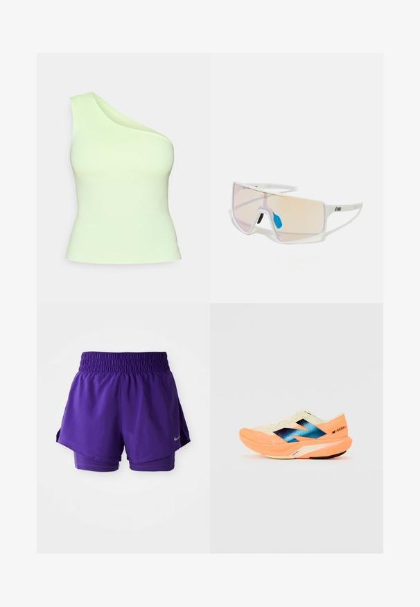Haut asymétrique à une épaule en tissu vert clair, design ajusté avec une texture lisse, sans embellissements ni motifs.; Shorts de course à double couche violets avec une taille élastique et un petit logo Nike en argent en bas à gauche.; Chaussure de course avec une tige légère couleur crème, un logo bleu et des accents orange sur la semelle. Texture en maille pour la respirabilité.; Lunettes de soleil avec monture blanche et grandes verres dégradés, présentant une teinte allant de rose à orange clair, rehaussées d'une pièce de nez bleue et d'un détail de logo.
