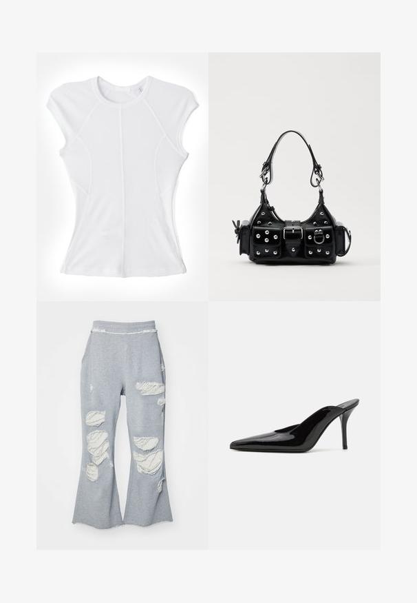 Helmut Lang Basic T-shirt - optic white; Gray sweatpants with a flared leg design, featuring multiple distressed patches exposing lighter fabric. Elastic waistband for comfort.; Black patent leather high-heeled mule with a pointed toe and a sleek silhouette, featuring an open back and a slender stiletto heel.; Black leather handbag with a curved design, featuring silver studs, a buckle, and two side pockets. Adjustable strap for carrying options.