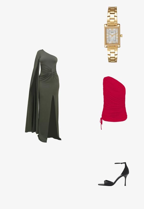 Rotes Top mit einem Schulterträger, aus weichem, dehnbarem Stoff mit gerüschter Textur; enthält einstellbare Kordelzüge am Saum.; Grünes, einseitiges Kleid aus glattem, dehnbarem Stoff. Mit einem gedrehten Detail in der Taille und einem Oberschenkel-hohen Schlitz auf einer Seite.; Mango High Heel Sandalette - black; Schwarze Ledertasche mit gekräuselter Textur, goldfarbener Kettenakzent und einem auffälligen goldenen Verschluss mit ovalem Logo. Verstellbarer Schulterriemen.; Goldfarbene rechteckige Armbanduhr mit Zifferblatt in Weiß, silbernen Stundenmarkierungen und einem strapazierfähigen Metallarmband. Wasserfest.