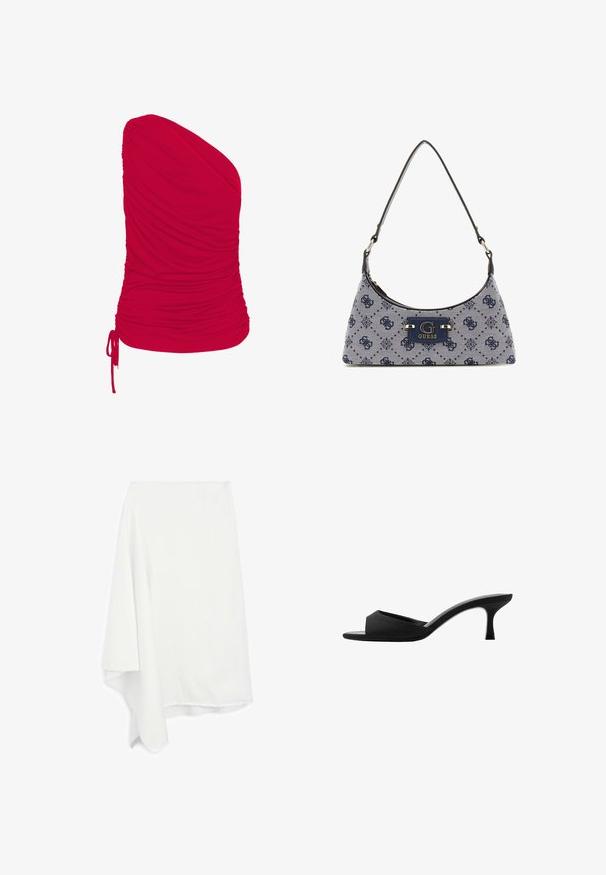 Červený top s jedním ramenem vyrobený z měkké, elastické tkaniny se staženou strukturou; zahrnuje nastavitelné detaily s šňůrkou na spodním lemu.; Asymetrická bílá sukně vyrobená z měkké, lehké tkaniny; detailem roztrhaného spodního okraje; hladká textura; elegantně padá na jedné straně.; Černé lodičky na vysokém podpatku s širokým, otevřeným špičkou a zakřiveným svrškem. Vyrobené z texturované látky, mají štíhlý podpatek a hladkou podrážku.; Kabelka ve stylu hobo z tmavě modré tkaniny s diamantovým vzorem, s logem a hladkým ramenním popruhem. Texturovaný povrch.