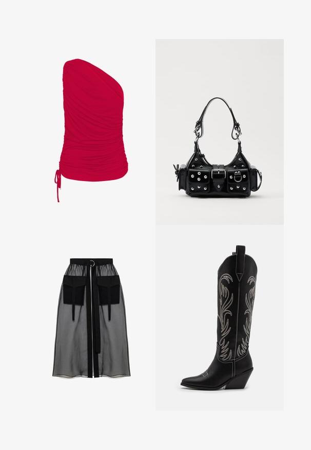 Rotes Top mit einem Schulterträger, aus weichem, dehnbarem Stoff mit gerüschter Textur; enthält einstellbare Kordelzüge am Saum.; Schwarzer transparenter Rock mit einem gerafften Taillenbund, der zwei große Fronttaschen, einen Taillenkordel und ein kreisförmiges Metallakzent aufweist.; Schwarze Leder-Cowboy-Stiefel mit spitzen Zehen, Keilabsätzen und silbernen, gestickten Blumenmustern entlang des Schafts. Kontrastnähte über das gesamte Design.; Schwarze Lederhandtasche mit einem geschwungenen Design, verziert mit silbernen Nieten, einer Schnalle und zwei seitlichen Taschen. Verstellbarer Träger für verschiedene Tragemöglichkeiten.