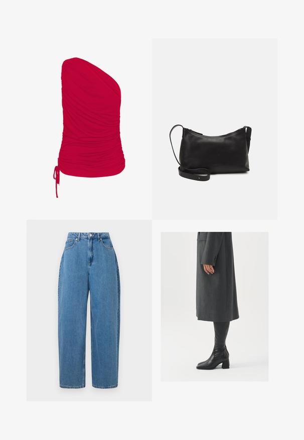 Punane ühel õlal top, mis on valmistatud pehmest ja venivast kangast, millel on kogutud tekstuur; sisaldab reguleeritavat paela detaili helmendis.; Heledad denim püksid, sirge sääre lõikega, kõrge vöökoht ja eesmine nuppe sulgemine. Omab viit taskut ja minimaalseid õmblusdetailide.; Hallhalline, kohandatud ülikond jakk sirge lõikega; kombineeritud kuni põlveni ulatuvate mustade nahast saapadega, millel on nelinurkne varvas ja paks konts.; Mustmust nahk õlakotil on sile tekstuur, kumer kuju, reguleeritav rihm ja lukuga sulgemine. Minimalistlik disain ilma kaunistusteta.