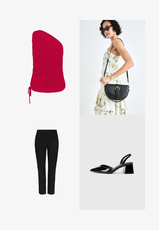 Punane ühel õlal top, mis on valmistatud pehmest ja venivast kangast, millel on kogutud tekstuur; sisaldab reguleeritavat paela detaili helmendis.; Mustast, saledest sobran tepingud, mis on valmistatud sileda, kootud kangast. Omab standardset pükstevöö kohta ja ei oma nähtavaid taskuid. Puhtalt kohandatud välimus.; Mustad musta lakknahk kingad, millel on terav varvas ja geomeetriline plokkkonts. Omab elegantselt minimalistlikku disaini ja sujuvat tekstuuri.; Mustmust mustraha kõverate joontega, eemaldatava rihmaga ja kuldsete detailidega. Kotil on klapp, millel on pandladetail.