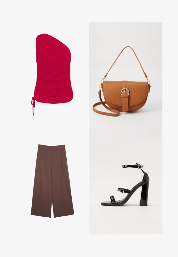 Röd top med en axel tillverkad av mjukt, elastiskt tyg med samlad textur; inkluderar justerbar snörningsdetalj vid nederkanten.; Bruna vida byxor med en slät textur, som har hög midja och framfickor. Tyget är lätt och flödar löst.; Svarta lackerade klacksandaler med fyrkantig tå, ankelremmar och silverfärgade spännen. Har en kraftig blockklack för stabilitet.; Brun läder crossbody-väska med en böjd form, gyllene detaljer och en spänneaccent. Har en avtagbar axelrem.
