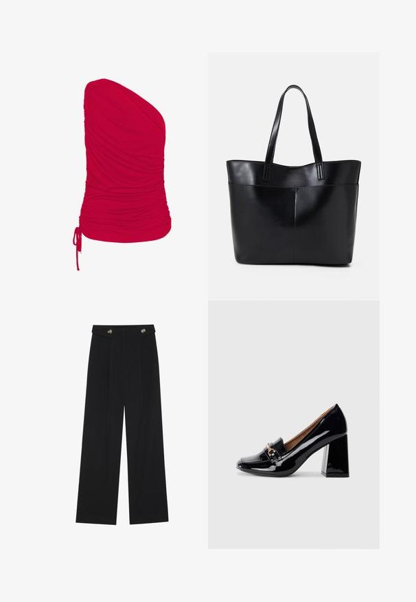 Rotes Top mit einem Schulterträger, aus weichem, dehnbarem Stoff mit gerüschter Textur; enthält einstellbare Kordelzüge am Saum.; Schwarze weite Hosen mit hoher Taille, Knopfdetails am Bund und vorderen Falten.; Schwarzer Lackleder-Pumps mit spitzer Zehenform und Blockabsatz. Verfügt über einen dekorativen Riemen und eine Schnallendetail auf dem Vorderblatt.; Schwarze Leder-Shopper-Tasche mit zwei langen Griffen, einer glatten Textur und einer strukturierten Form. Verfügt über eine Vordertasche für zusätzlichen Stauraum.
