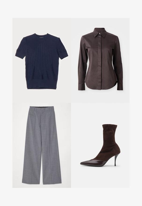 Tums zila īsām piedurknēm adīta krekla ar horizontālu un vertikālu ribu tekstūru, ar centrālu dimanta rakstu un apaļu kakla izgriezumu.; Tumši brūns garām piedurknēm apģērbtā krekls ar norādītu apkakli un slēpto pogu rindu uz balta fona.; MM6 Maison Margiela PANTS - Auduma bikses - grey melange; Brūni zamšveida potīšu zābaki ar norādītu purngalu un spīdīgu bordo patentādra purngala daļu, aprīkoti ar šauru stiletto papēdi un tekstūru augšdaļu.