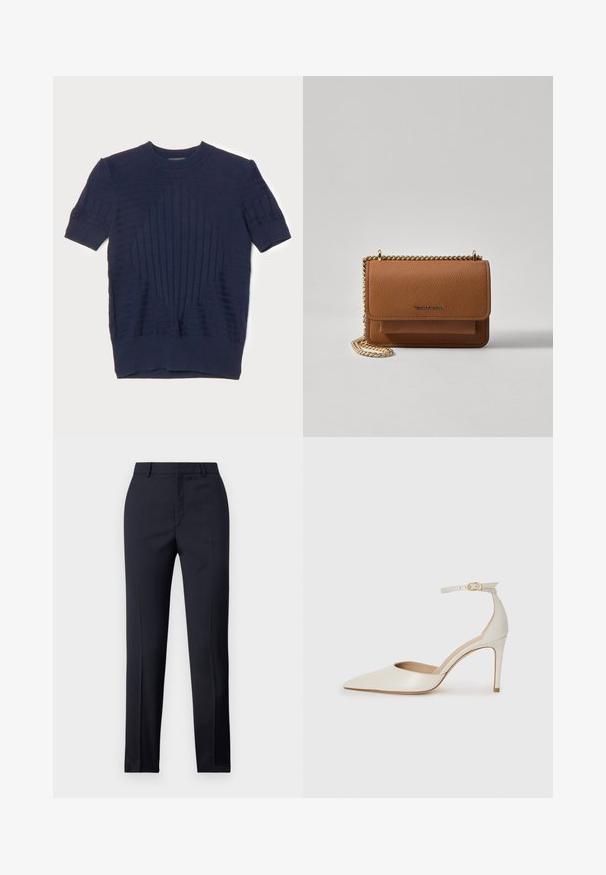 Mornarsko plavi kratkodlaki pulover s horizontalnom i vertikalnom rebrastom teksturom, s centralnim dijamantnim uzorkom i dizajnom s okruglim izrezom.; Mornarsko plave krojene hlače ravnog kroja, sa glatkom teksturom, dvije prednje džepove i urednim pojasom.; Bijela kožna visoko potpetica s oštrim vrhom, remenom oko članaka i tankom stiletto potpeticom. Glatka tekstura s blagim sjajnim završetkom.; Smeđa kožna torba preko tijela s teksturom, zlatnim lančićem i preklopom na zatvaranju. Na prednjoj strani nalazi se detalj s potpisom i džep ispod preklopa.