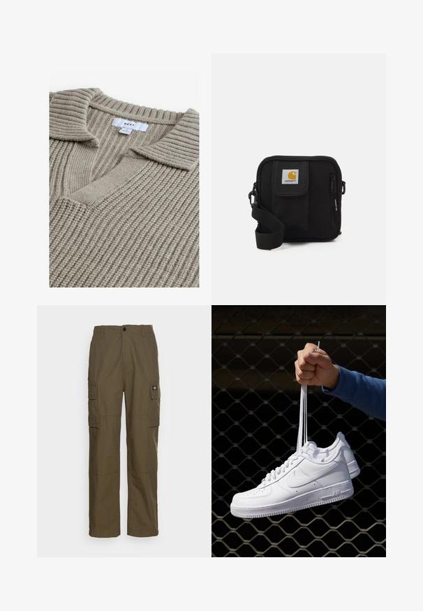 Pull en tricot beige avec une texture ribée, doté d'un décolleté en V et d'un col plat. Le tissu semble doux et chaud. Étiquette de marque visible.; Pantalons cargo en vert olive, fabriqués en tissu durable. Présentent deux poches latérales, une taille standard et une coupe droite.; Baskets en cuir blanc avec perforations, à bout rond, semelle plate et lacets épais, arborant un logo swoosh visible et "AIR" sur le talon.; Sac bandoulière noir avec un compartiment principal zippé, une poche frontale, une sangle ajustable et un patch logo visible sur le rabat.