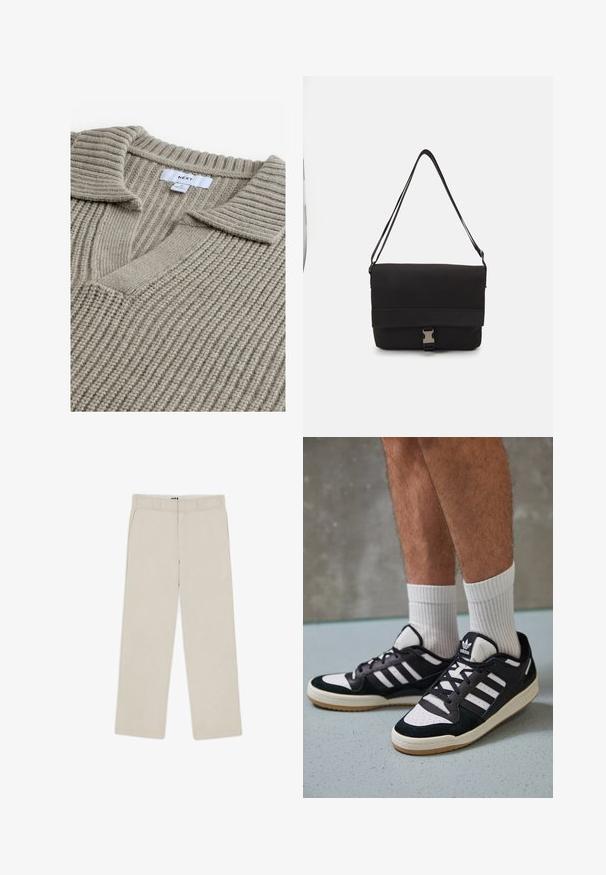 Beige strikket sweater med ribbet tekstur, der har en V-hals og flad krave. Stoffet ser blødt og varmt ud. Bredmærke synligt.; Beige brede bukser med en glat tekstur, der har bæltestropper, to frontlommer og en lynlåslukning. Minimalistisk design.; Sorte og hvide sneakers med en overdel i ruskind og læder, der har tre hvide striber, en perforeret tå og en sål i gummigummi.; Sort messenger taske lavet af glat materiale, med en fold-over klap, sølvfarvet lukning og et justerbart skulderrem.