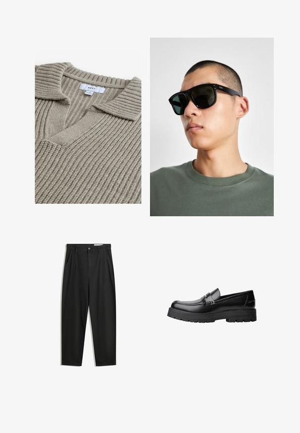 Bežani pleteni pulover s rebrastom teksturom, s V-izrezom i ravnim ovratnikom. Tkanina izgleda mekano i toplo. Oznaka marke vidljiva.; Crne pamučne hlače s opuštenim krojem, s klasičnim pojasom, prednjim nabranjima i bočnim džepovima. Glatka tekstura bez uzoraka.; Crna kožna mokasina s debelim potplatima i dekorativnom trakom preko gornjeg dijela, prikazana u lijevom bočnom profilu na bijeloj pozadini.; Crne pravokutne sunčane naočale s tamnim lećama, koje imaju upečatljiv oblik i brend na ručki. Nosene od strane osobe u zelenoj košulji.